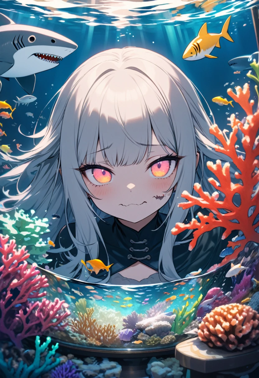 Highest quality, Super quality, 16K, Incredibly absurd, Very detailed, 2.5D, delicate and dynamic, aquarium, Large sink, Colorful Coral, Small faint light and small fish, Shark Woman, In the water, under the sea, , , , Small face, Extremely delicate facial expression, Delicate eye depiction, Upper body close-up, erotic, Shark Woman, A shark in human form, shark monster girl, sole sexy shark,