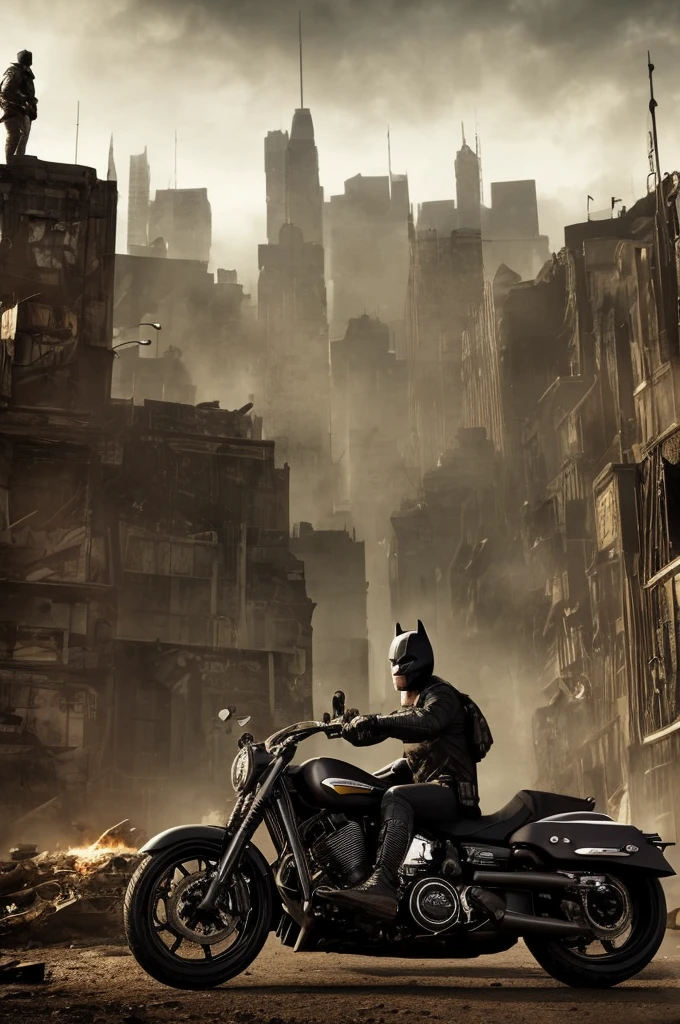 batman wearing leather jacket riding motorcycle on post-apocalyptic dirt road in gotham city,digital art,dark atmosphere,earthy tones,dynamic composition,realistic details,highly detailed,8k,cinematic lighting,dramatic shadows,gritty and grounded,cyberpunk aesthetic,moody color palette,advanced 3d rendering,photorealistic,incredible detail and texture,epic scale,cinematic angle,powerful mood and atmosphere