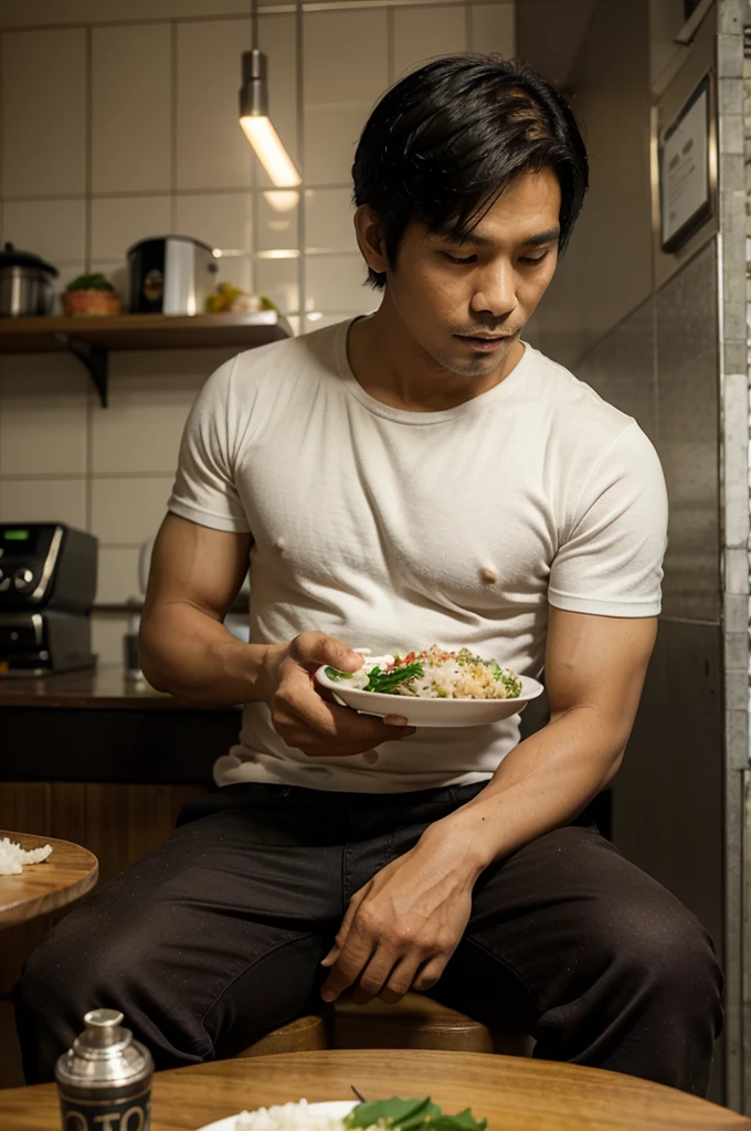 photorealistic,man,Thai person,30 years old,handsome,cool,Sit down and eat.,steamed rice topped with chicken,at the shop,Put on the table,Looks delicious,Very delicious,Have lunch,realistically,sharp.
