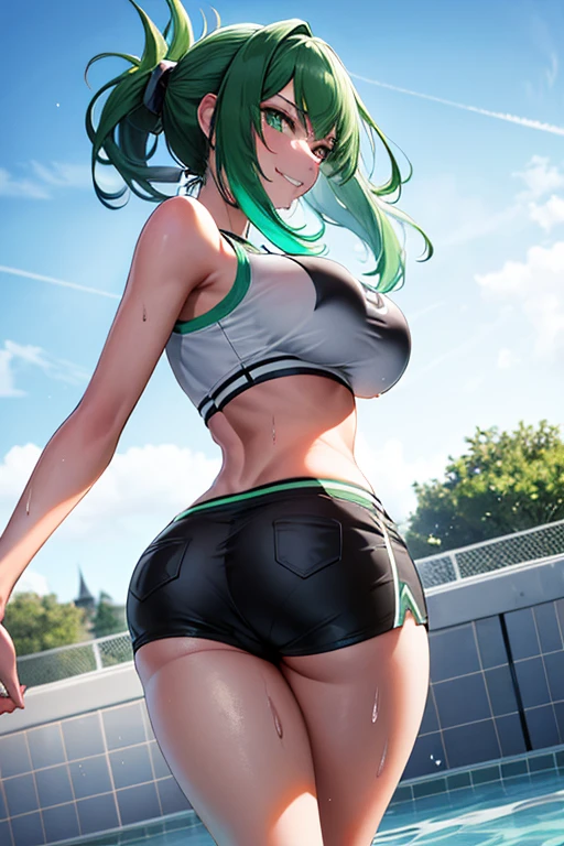 Green hair, folded ponytail, fine eyes, green eyes, masterpiece, sweat, soaked, best quality, hi-res, solo, wicked grin, ass facing you, running action and elegance, white sports short shorts, wet pants, white running shirt, wet shirt, sleeveless, braless, big, park, outdoor (en bikini) (camisa mojada y de frente de la cámara) (en bikini ) ( mostrando tetas)