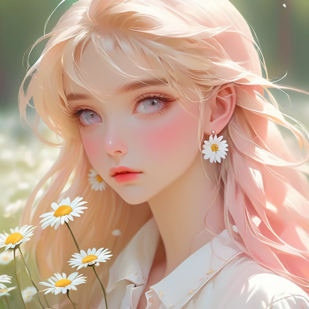 close up face,highest quality,kawaii cute girl, blonde pink long hair, earrings, collar, (highly fashion white clothes), (Delicate hair depiction), (Delicate pink eyes), (delicate features), alone, (small daisies), Portrait depiction, solid color background, broken state