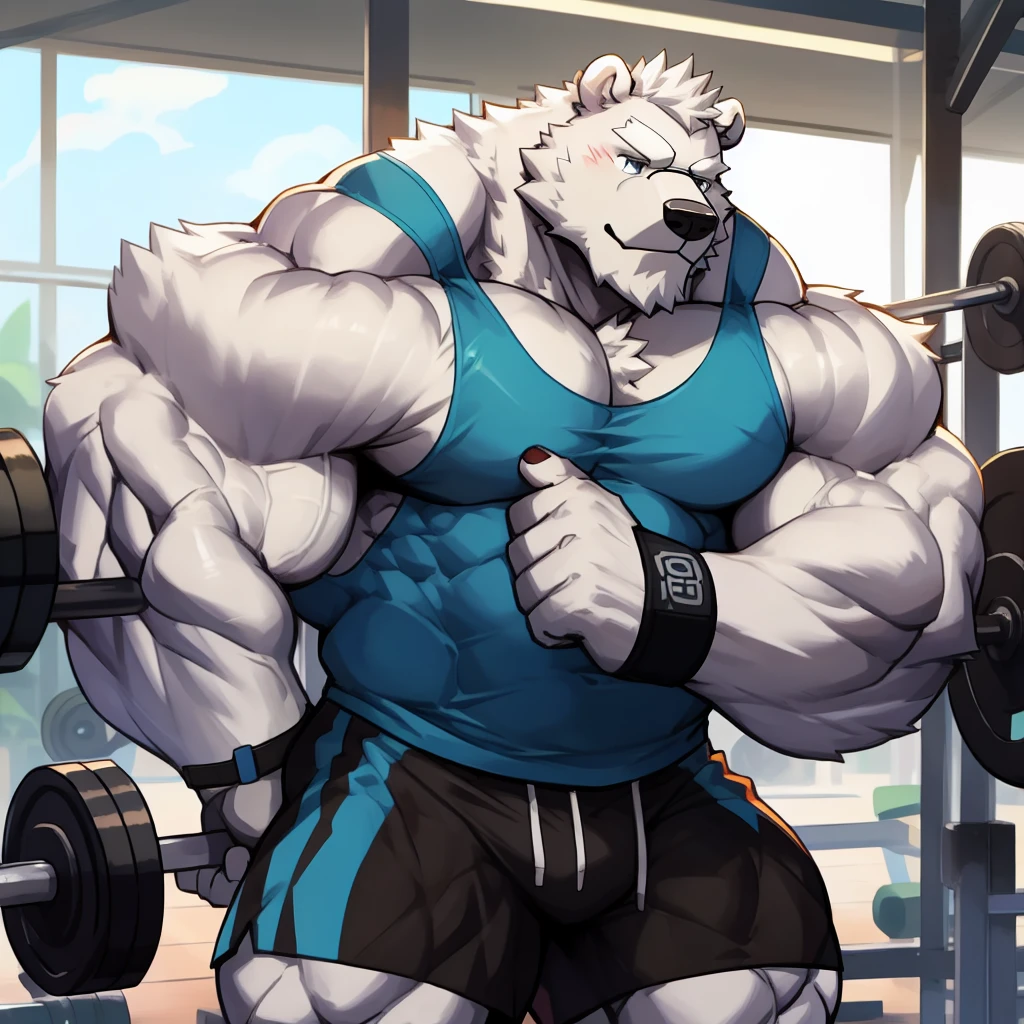 solo, 1boy, Huge Muscular Daddy White Polar Bear wearing glasses, huge white fur, pectoral, huge pectoral, wide pectoral, short white hair, blue colored gym short pants, blue colored wristbands and blue colored tank top, white bearded, white Mustache, white fur, gym background, gym equipments, masterpiece, high detailed, 8k, high resolution, at the gym, doing crossfit exercises on ring rows