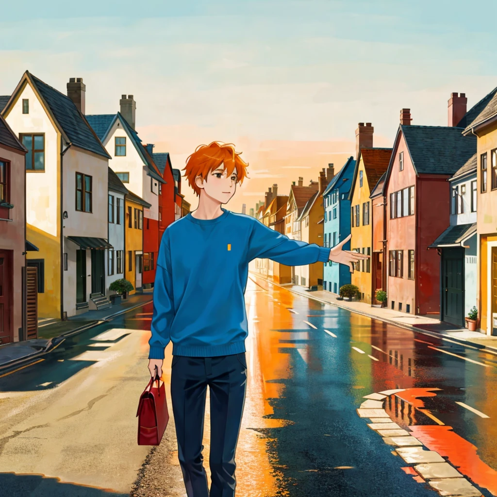 Background: A street with houses, reflecting an urban setting.
I want it as a separator in the book, I don't want a person, just the background... and that one of the primary colors is orange