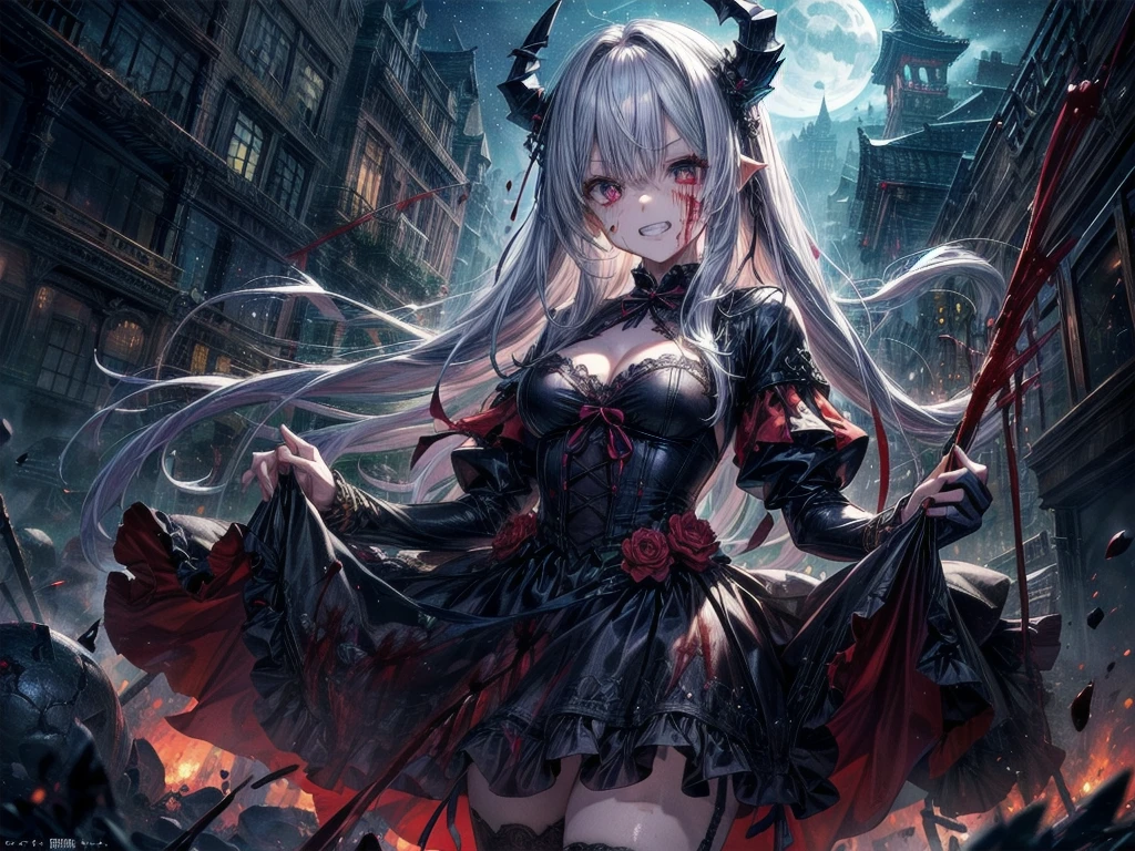 死んだ腐ったBloodに飢えた邪悪なzombie, Girl Venom, 黒い共bornborn物が付着している, Bloodまみれの, Evil look, Psychopathic, Torn clothes, Torn costume, sexy, reveal, Combat Stance, Very detailed, Vibrant appearance, Creative Action, Very detailed, Imaginative, Sensual, Voluntary, Small breasts, sexy, reveal, Highest quality, skinの質感, Intricate details, (Highest quality, masterpiece, 超High resolution), (8k wallpaper, High resolution, High resolution, born), (credibility: 1.4), (whole bodyショット), One girl, ((Anime Girls)),,(Bloodしぶき:1.6), ((Fantasy Witch Costume)), ((Flowing white hair)), ,(Bloodしぶき:1.6),Female curves, Large Breasts, Thick thighs, sexyな平らなお腹, 完璧なhand, 完璧なアニメのface, ((dark ta dress)), Are standing, ((Wicked Smile)), ,(Bloodしぶき:1.6),In the Victorian city, gaslight, Steam circulates, Moonlight Illumination, night間照明, A sky filled with stars and galaxies,disaster々new devil horns,,(Bloodしぶき:1.6),アニメzombie魔女デザイン, ねじれた笑face、Bloodまみれの、頭からの出Blood、Bloodしぶき、,(Bloodしぶき:1.6),Crossbones, skull, Streetwear Design, Provector, Horror Style, Full Design, Huge breasts, Very detailed, Realistic, Dark fantasy, Gloomy atmosphere, Intricate details, Crazy Smile, 狂ったeye, A cute and luxurious hair band,(masterpiece:1.2, Highest quality), Scary atmosphere、Distorted facial expressions、Horror Art、Bloodの雨、Bloodを流す、Bloodしぶき,(Bloodしぶき:1.6),悪魔のeye、redいeye、scar、火scar、whole body、Torn hair of a woman dressed in slave clothing、（Long Hair）、（eyeにかかる長さの前髪）、Black Hair、（（（eyeの下のクマ）））、青白いskin、Feeling unwell、Pathological、邪悪な笑face、狂ったeye、（Grin）Dramatic makeup，Create mixed media art、,Horror 1 Girl, Open_mouth, , red_eye, Blood, Tilt_red_skin, Injury, Blood_in addition_face, Bandaged_arm, Blood_in addition_zombie, Blood_in addition_hand　, Open your eyelids wide, The trend is all, mouthを大きくOpen, mouthを開けてteethをむき出しにする,獣のような鋭いteeth, Wide lips, 非常に広いmouth, Vermilion cheeks, blonde, ,(Bloodしぶき:1.6),Princess Cut, Ribbon hair ornament, brooch, Otaku Room, Well-built body, Nice body, Ample breasts, Thick body,eyeを大きく開いて、Scary atmosphere、Distorted facial expressions、ねじれた笑face、Bloodまみれの、頭からの出Blood、Bloodしぶき、whole body、,(Bloodしぶき:1.6),Long Hair、Long bangs、Well-built,Broad shoulders,I focus,(face),Messy Hair,いeye,(光るeye),red信号,笑face,big 笑face,teeth,psycho 笑face,gesugao,Dark city background,darkness,night,(close),良いeye, 良いteeth,サディスティックな笑face,,all,光沢のあるskin,詳細なface,Beautiful body,　mouthからの白い息　Luxurious lace long gloves