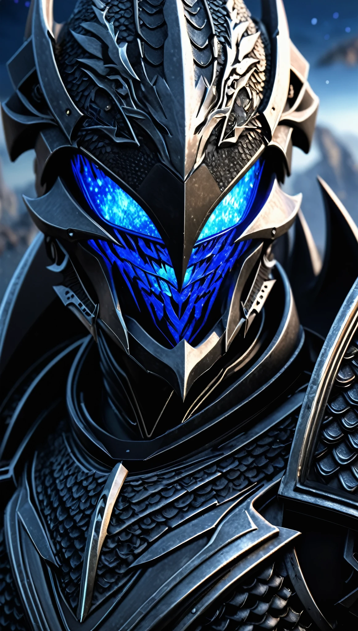 Surreal style，Pure Black Dragon Scale Armor，full black，Pure Black Dragonscale Helmet，full black，The armor has no reflective surface，(Silver long hair:1.5)，Half-length close-up，(Background blur:1.5)，Focus on the eyes，(The pure black helmet surface presents chaotic blue starry sky shadows:1.3)，Absurd portrait，Horror Monster Knight， 4k highly detailed digital art, Complex artwork. Octane Rendering, insanely detailed Octane Rendering, super detailed Octane Rendering, Unreal Engine 4K Wallpaper, Square Enix Art, amazing Octane Rendering, beautiful Octane Rendering, black Octane Rendering, Extremely detailed game art, 8k high detail concept art
