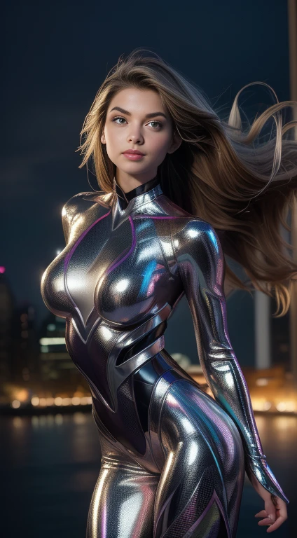 ,(best qualityer,4K,8K,high resolution,work of art:1.2),ultra detali,(realisitic,photorealisitic,photo-realisitic:1.37),hdr,ultra HD,studio lighting,ultra-fine painting,sharp focus,physically based rendering,extreme detailed description,proffesional,bright coloured,bokeh,fitness,feminine figure,toned body,confident expression,Strong muscles,sexy outfit,superhero cape,powerful posture,shaped curves,swirly vibrant colors,shining skin,shiny metallic textures,futuristic cityscape background,dynamic lighting,reflection of buildings on soft skin,smoky atmosphere,intense energy,floating in mid - air,wind blowing through her hair,powerful aura,fitness goddess,admiring the crowd in awe,holographic projections showing your superpowers,visual effects increasing your strength,Impressive physical dexterity,sweat shining on your body,embodying strength and beauty,inspirational e empoderador,inspirational，eye-catching work of art.