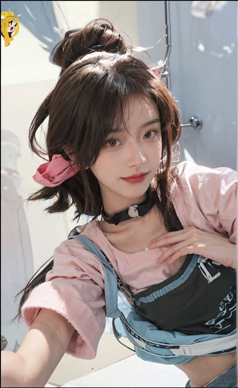 best qualtiy, Ultra-high resolution, (realisticlying:1.4),cute hairpin,Baoyu Girl,1girll, Beautiful woman with a slim figure:1.4, abs:1.1, (A brown-haired, mideum breasts:1.3), Long pink sweater:1.1, bathroom,Ultra-fine face,Elaborate Eyes,double eyelid,ssmile,choker necklace