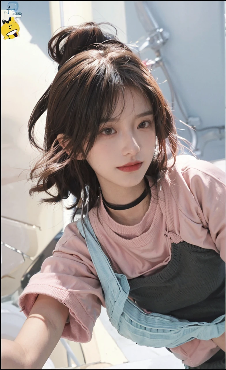 best qualtiy， Ultra-high resolution， （realisticlying：1.4），cute hairpin，Baoyu Girl，1girll, Beautiful woman with a slim figure:1.4, abs:1.1, (A brown-haired, mideum breasts:1.3), Long pink sweater:1.1, bathroom,Ultra-fine face，Elaborate Eyes，double eyelid，ssmile，choker necklace