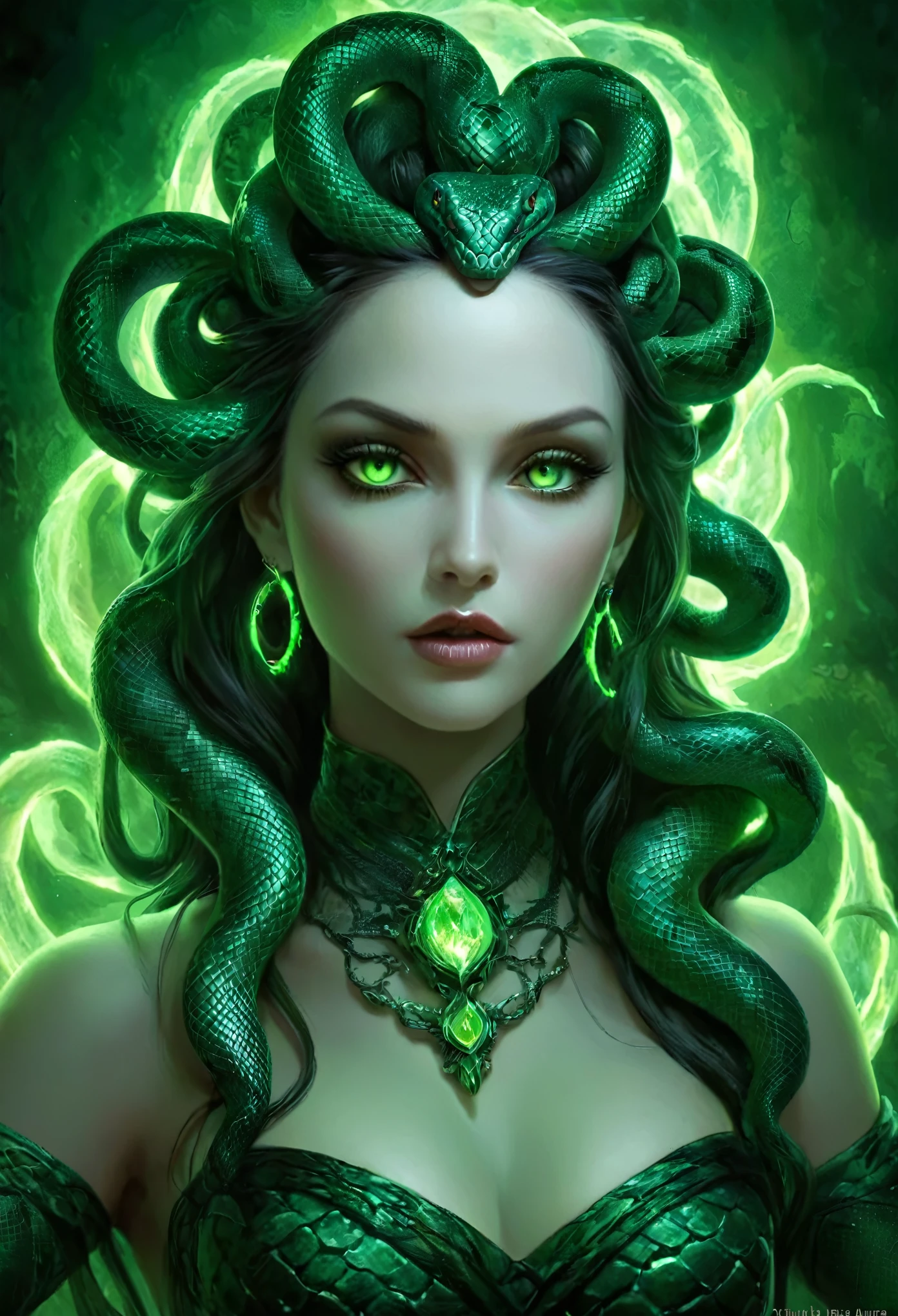 Medusa Gorgon in Gothic style, (Her hair is composed entirely of writhing, venomous snakes, each one with glistening scales and eyes that burn with a malevolent glow:1.5), The snakes are alive, constantly moving and hissing, adding a dynamic, almost hypnotic quality to her appearance. (A dark aura rising from her entire body:1.4), full lips painted a deep crimson, and piercing eyes that glow with an otherworldly green light. Her skin is a pale, almost ethereal white, smooth and flawless but with a slight shimmer that gives her an unearthly quality. (She is half French, and is a stunning beauty with detailed eyes and a high nose:1.1), thick eyebrows, detailed facial features, long graceful neck