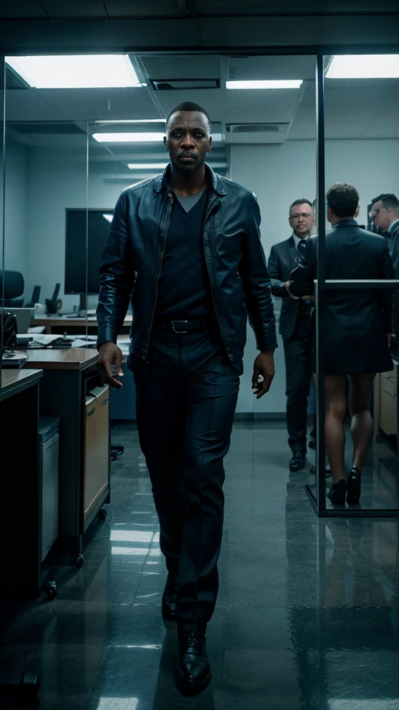 Micheal together with board members in an office, 4k realistic imagery, blue scenery like a movie scene, old american setting, inspired by blade runner movie scene, blue tone,