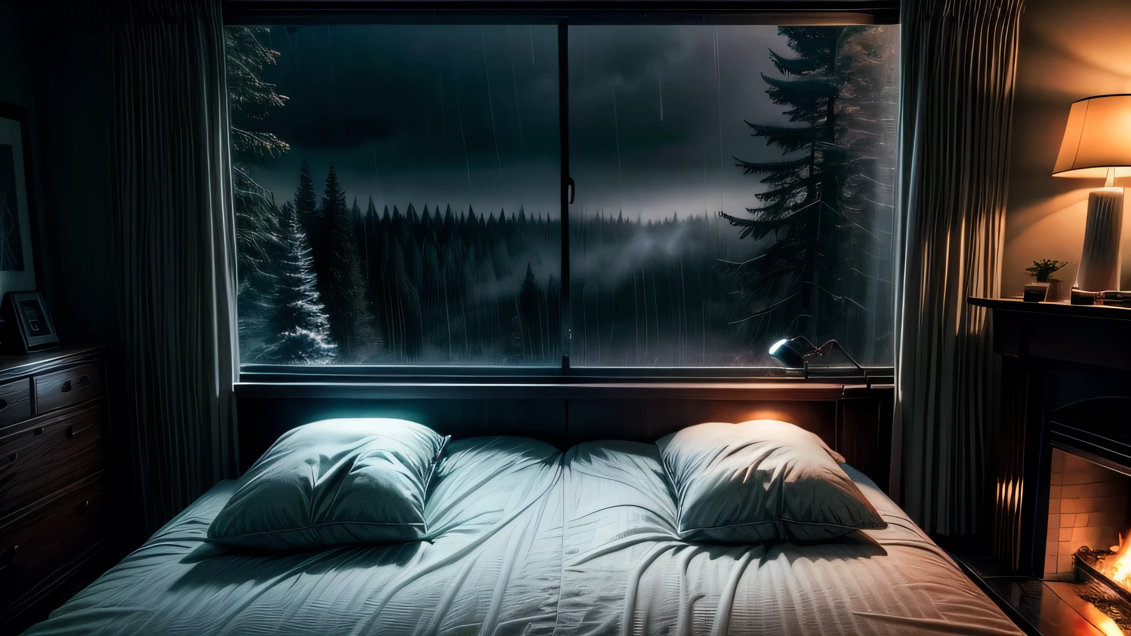 night, bedroom, fireplace, blanket on big bed, tall trees outside large window, tilted angle of window, dark sky, rainstorm, wind howling, fog, cinematic perspective, 8K, photography, high detail, details, high quality shadows, realism