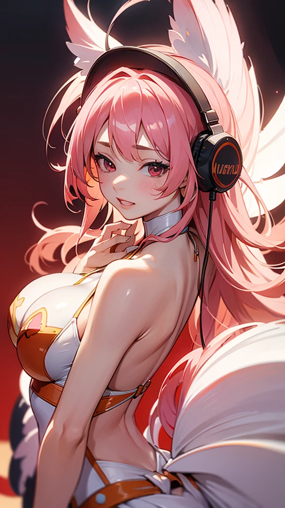 headphone、Reggae print swimsuit、Portrait of a beautiful  girl , detailedな背景画、Red Eyes, detailedな目、detailedな手脚、Accentuate the cleavage、Tan Skin、Bright red lips, (masterpiece) (Highest quality) (detailed) (8K) (High resolution) (Cinema Lighting) (Sharp focus)、Ash Hair、(Inner Color: pink), ((blush: 0.8)), Natural skin texture, Transparent skin、Delicate, rolled up、luxury、whole body、High angle、