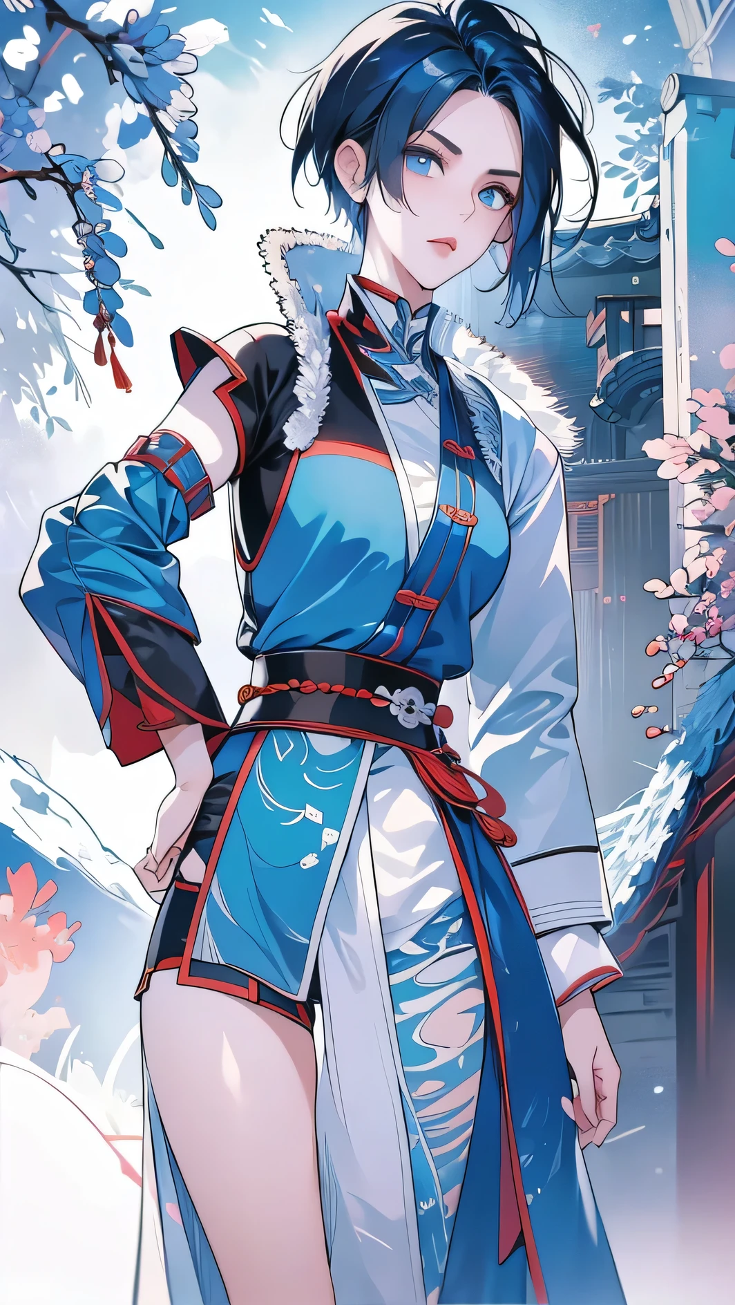 Masterpiece, Best quality, 1 Ji Ruxue, the expression is cold, strong, blue eyes, short hair, wolfcut hairstyle, smoky mix blue color hair, resolute eyes, red lips, simple Taoist Taoist uniform, Chinese mix morden, frontal photo, black or white background, simple background, anime, illustration, Chinese style short-sleeved shirt, cool girl, Full body frontal photo, full HD, chibi
