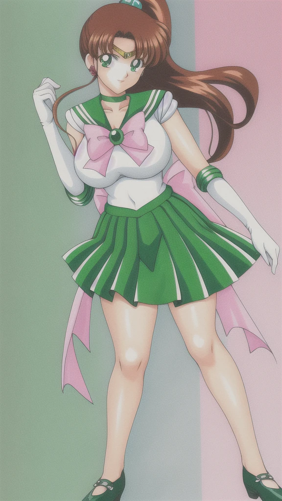 kino_makoto, huge_breasts, standing, solo, White_leotard_Green_sailor_collar_Green_miniskirt_White_gloves_Green_choker_Pink_bowtie_Pink_back_bow_Circlet_Green_brooch_Short_sleeves, masterpiece, best quality, detailed face, detailed eyes, highres, full body, hands down