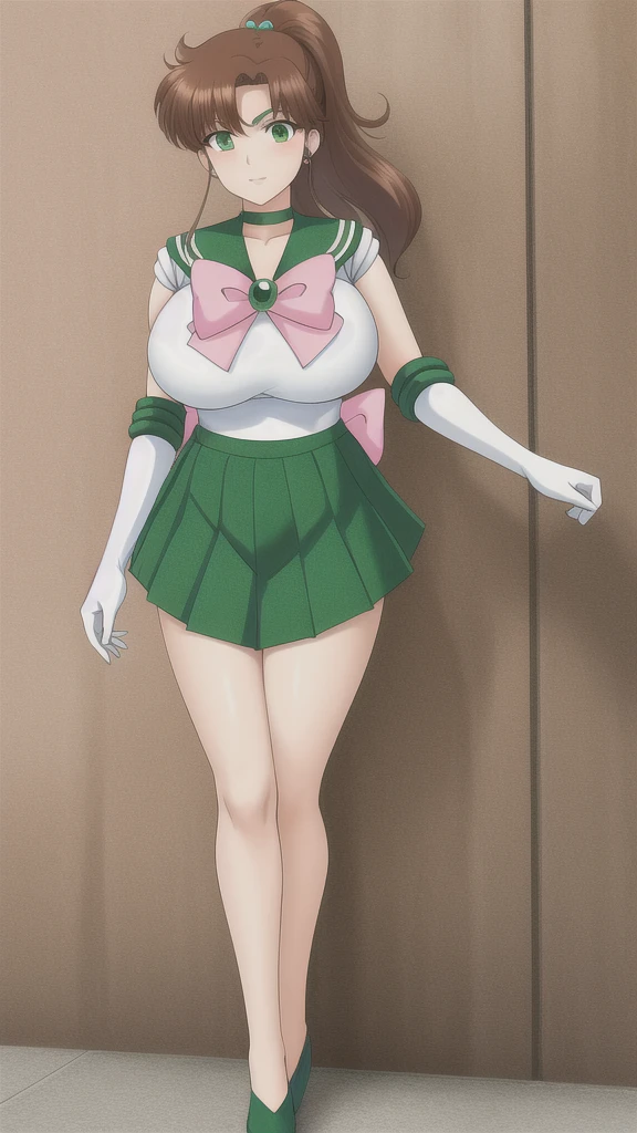 kino_makoto, huge_breasts, standing, solo, White_leotard_Green_sailor_collar_Green_miniskirt_White_gloves_Green_choker_Pink_bowtie_Pink_back_bow_Circlet_Green_brooch_Short_sleeves, masterpiece, best quality, detailed face, detailed eyes, highres, full body, hands down