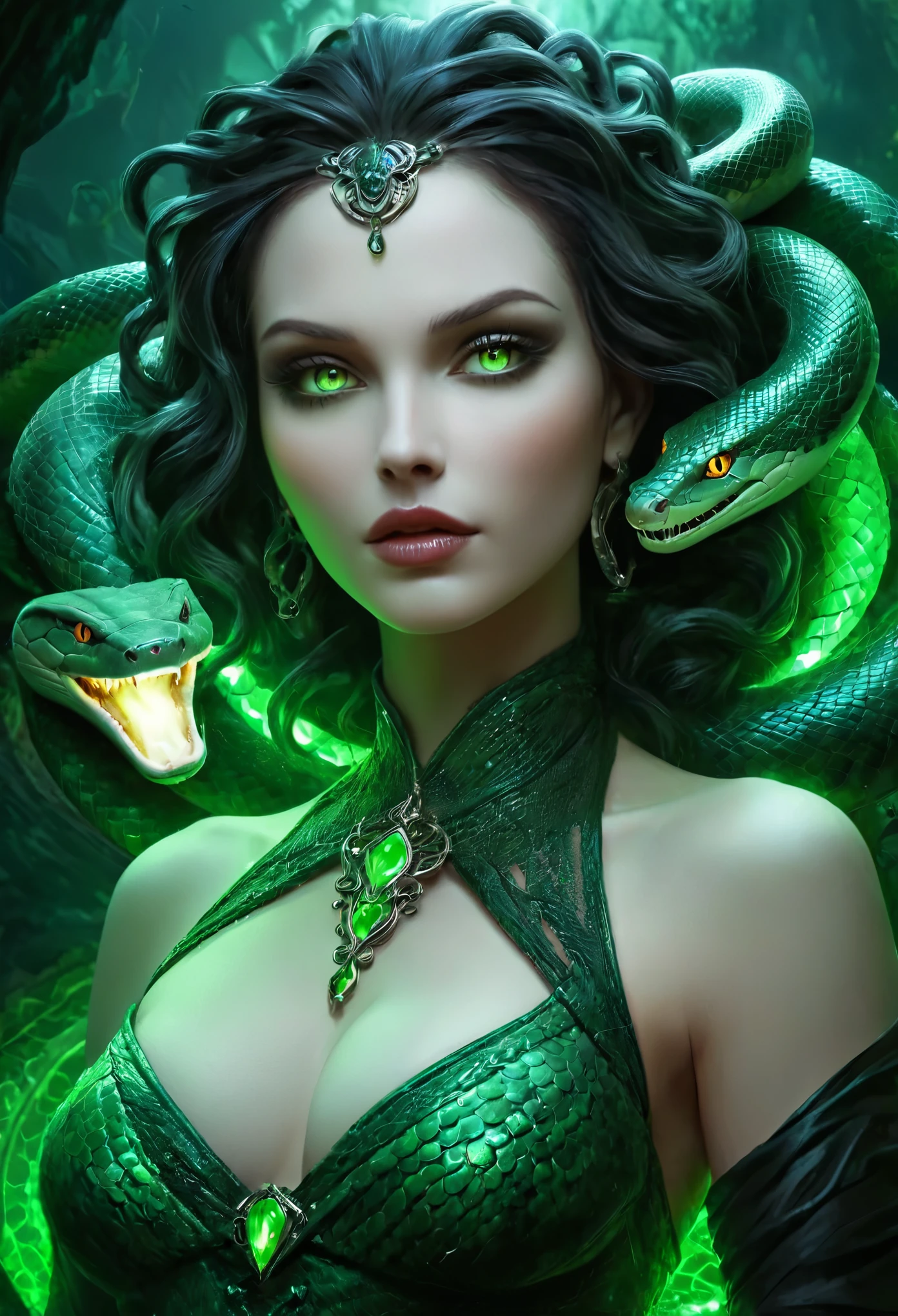 Medusa Gorgon in Gothic style, (Her hair is composed entirely of writhing, venomous snakes, each one with glistening scales and eyes that burn with a malevolent glow:1.5), The snakes are alive, constantly moving and hissing, adding a dynamic, almost hypnotic quality to her appearance. (A dark aura rising from her entire body:1.4), full lips painted a deep crimson, and piercing eyes that glow with an otherworldly green light. Her skin is a pale, almost ethereal white, smooth and flawless but with a slight shimmer that gives her an unearthly quality. (She is half French, and is a stunning beauty with detailed eyes and a high nose:1.1), thick eyebrows, detailed facial features, long graceful neck