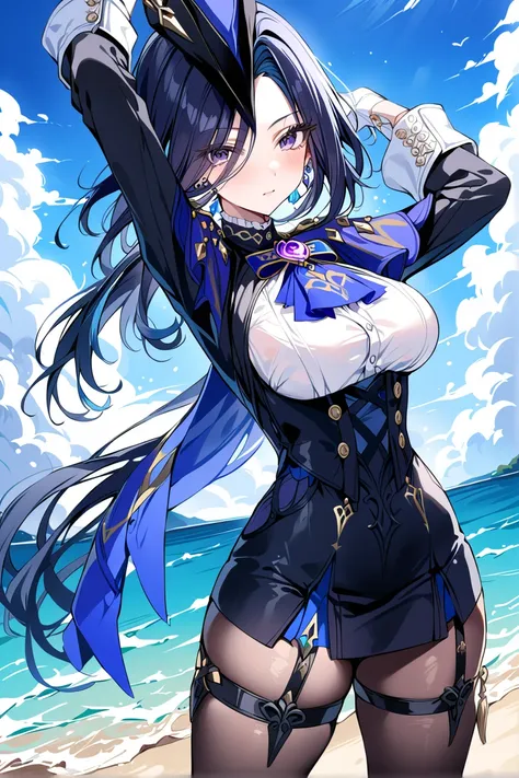 anime girl with long black hair and blue dress on the beach