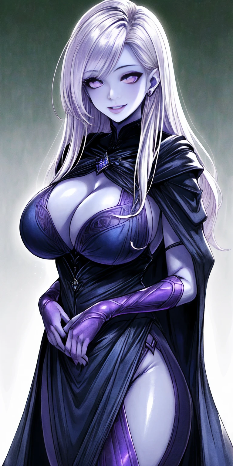 (Female chest covered)(smile) Gray skin, pale golden hair and violet eyes. She prefers clothing of white and silver with cloaks of deep blue or purple, village background, huge_knockers ((very precise detailed)) ((highres)