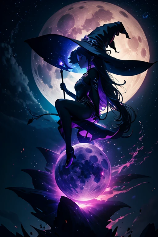 silhouette of a witch riding on her broom into the night sky with full moon, c4d, dreamy and optimistic, vibrant sky