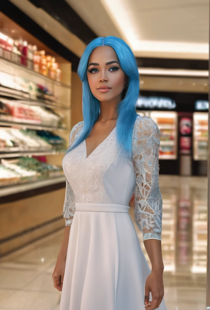 1 beautiful biracial woman, blue hair, blue eyes in shopping center,(best quality,4k,8k,highres,masterpiece:1.2),ultra-detailed,(realistic,photorealistic,photo-realistic:1.37),detailed facial features,beautiful detailed eyes,beautiful detailed lips,extremely detailed eyes and face,longeyelashes,intricate details,fashion model pose,shopping mall interior,glass ceiling,natural lighting,warm colors,elegant dress,high-end shopping