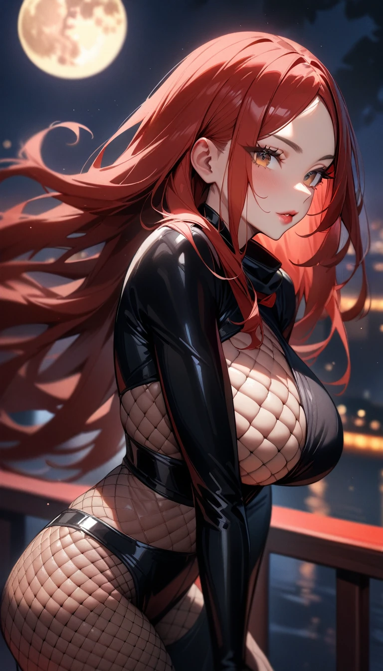 1girl,solo,super detailed skin,shiny skin,natural face, ,eyelashes,lips gloss,red hair,long hair,parted bangs ,large breasts ,ninja style ,asymmetrical body suit,fishnet,contrapposto,night bridge,large moon,masterpiece,best quality,ultra detailed,high resolution,sharp focus