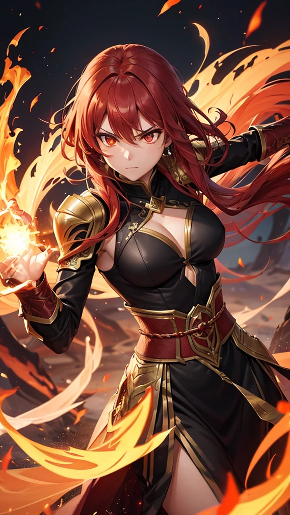 Shiota is a warrior with vibrant red hair.,flow like living fire around your head. She is in a firm and powerful posture, body slightly tilted forward, ready to deliver a deadly blow. His expression is determined and fierce, with an intense gaze that reveals the draconic strength she is channeling. Seus olhos brilham intensamente, with incandescent irises reflecting the fury of the flames that surround her.
A flaming aura surrounds Shiota's entire body, with dancing flames in shades of red, laranja e dourado. Flames seem to emerge from within her, as if becoming one with the power of the dragon. Shiota's hair flutters as if in the wind, with the tips emitting light sparks. Your skin displays temporary flame markings or scales that glow during the transformation., accentuating your connection with the draconic essence.
Shiota wears a red and black battle suit, with dragon wings and tail, intricate gold details reminiscent of dragon scales. A black and red sash is tied around her waist, holding an ornate scabbard embossed with the image of a golden dragon. She wields a katana with a shining blade, which emits a light aura of fire, ready to deliver devastating blows.
The setting is a devastated battlefield, with sparks and small flames in the air, creating an atmosphere of chaos and destruction. The ground around Shiota is burned or cracked due to the heat emanating from his flaming aura.. Other warriors can be seen in the background, some in shock and others trying to keep their distance, intimidated by Shiota's strength and overwhelming presence.
Shiota is at the height of the battle, facing multiple opponents or a powerful enemy. His fiery aura and imposing stance highlight his draconic transformation., making her a central figure on the battlefield. The intensity of her transformation suggests she is fighting with all her might.