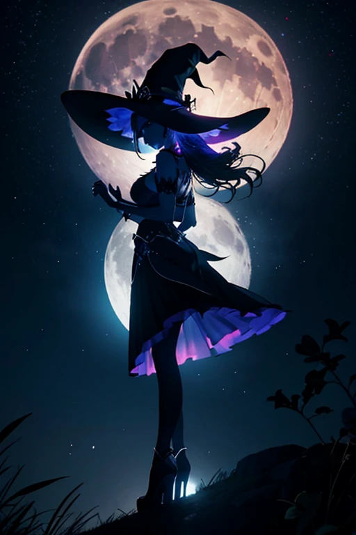 silhouette of a witch into the night sky with full moon, c4d, dreamy and optimistic, vibrant sky