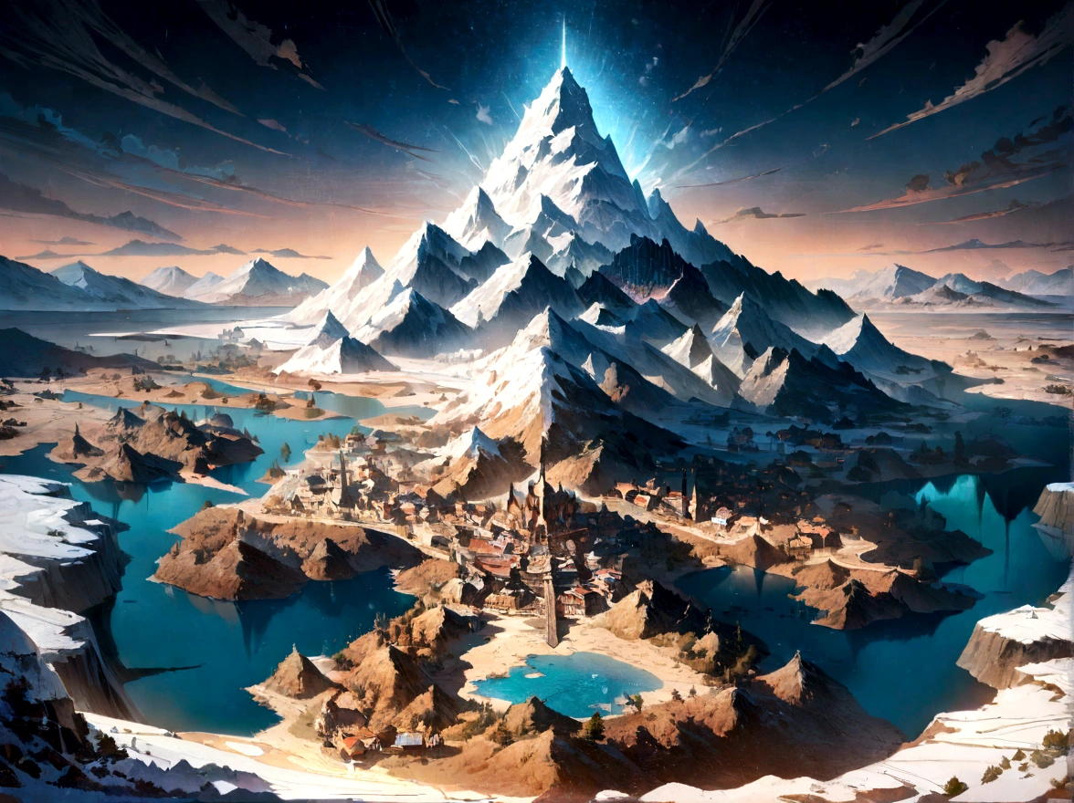 Aerial view taken from top to bottom directly from the drone, Parchment map of the mysterious continent, (Huge roots of black magic sprout from the West:1.2), (Necrotic black magic in the air:1.2), fire, Ice and thunder, Dungeons and Dragons, final-fantasy, game art, (Coherent architecture and interior design, with realistic proportions and textures, details Intricate, hand painted, Vibrant, cinematic lighting, work of art, 8K:1.2),world map,In the middle of the map is the Holy City,The surrounding area is full of villages and a lake or two,In the upper right corner are the snow-capped mountains,In the lower right corner is the desert
