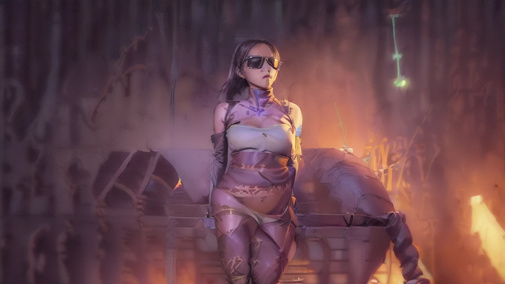 8K, Realistic Skin Texture, Realistic Photo, (((((1 slim:1.1 western women, solo))))), large-breast:1.4 cleavage:1.3, AD2050 at night, wearing tube top, miniskirt, (((black sunglasses, automatic rifle, sneakers, cold, standing and shooting pose))), (((((((half-body (((thigh level))) medium:1.3 shot))))))), innovative composition, revenge, blurry aerial view of military base, blade runner worldview, large neon sign.