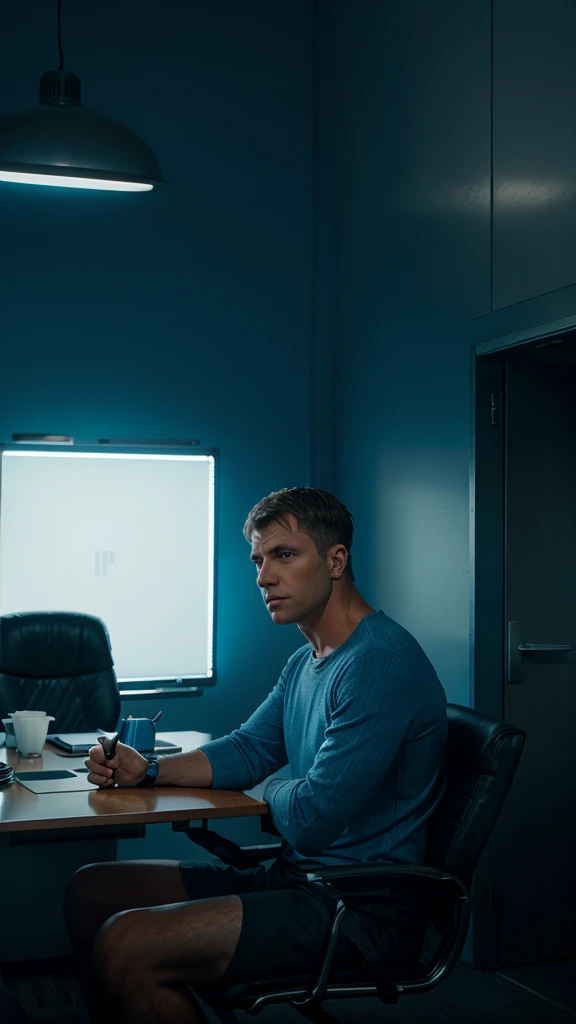 Micheal sitting together with board members in an office, 8k realistic imagery, blue scenery like a movie scene, old american setting, inspired by blade runner movie scene, blue tone,
