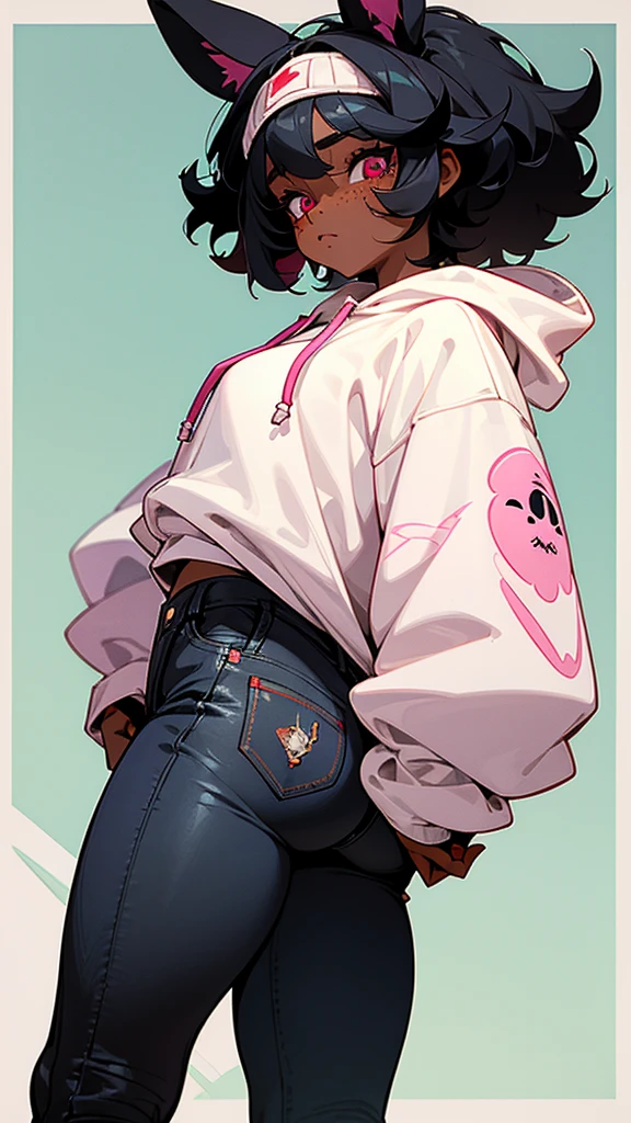 a tomboy lesbian girl with almost black skin. with puffy curly black hair and crimson eyes and freckles. wearing a small pink rabbits ears beanie on her head a white hoodie that says "Bite me or fuck me" on the front. she has black jeans on. she has medium size  a round butt and very thick plump thighs. A big highschool behind her as she has her hands in her hoodie Pocket 