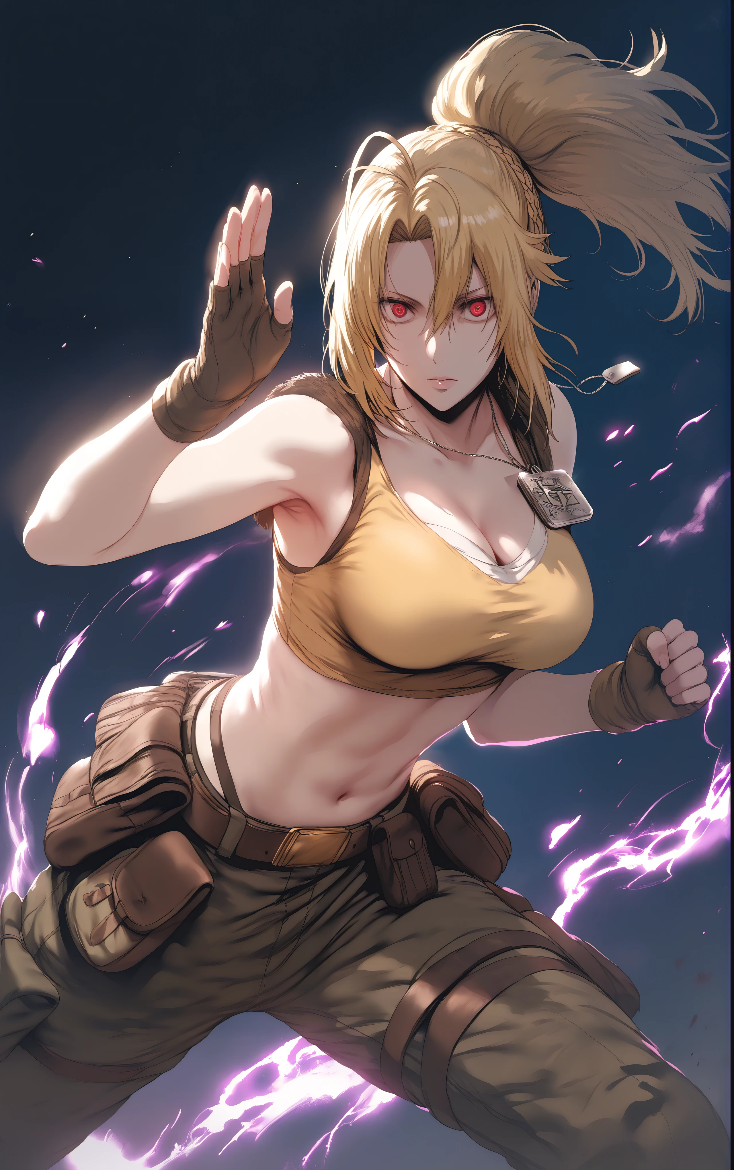 hews art style, score_9, score_8_up, score_7_up, score_6_up, uncensored, Angelica, blonde hair, braid, red eyes, BREAK (masterpiece:1.2), best quality, high resolution, (detailed eyes:1.3), perfect lighting, (perfect hands, perfect anatomy), large breasts, rating:safe, 1girl, gloves, solo, breasts, dog_tags, pants, belt, cleavage, navel, fighting_stance, midriff, military, crop_top, ribbon, looking_at_viewer, hollow eyes, expressionless, 