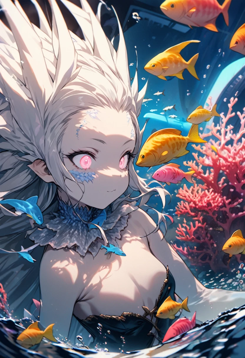 Highest quality, Super quality, 16K, Incredibly absurd, Very detailed, 2.5D, delicate and dynamic, aquarium, Large sink, Colorful Coral, Small faint light and small fish, Shark Woman, In the water, under the sea, , , , Small face, Extremely delicate facial expression, Delicate eye depiction, Upper body close-up, erotic, Shark Woman, A shark in human form, shark monster girl, sole sexy shark,