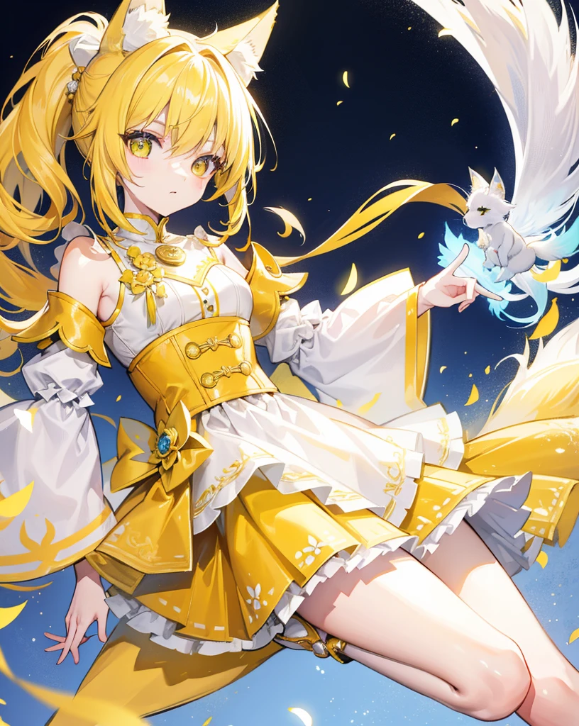 Bright yellow hair with high ponytail,The white and yellow clothes are decorated with gold accents,As cute and cute as a fairy, neko ears, white and yellow fox tail