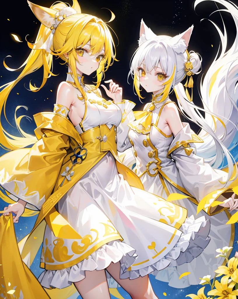Bright yellow hair with high ponytail，The white and yellow clothes are decorated with gold accents，As cute and cute as a fairy, neko ears, white and yellow fox tail