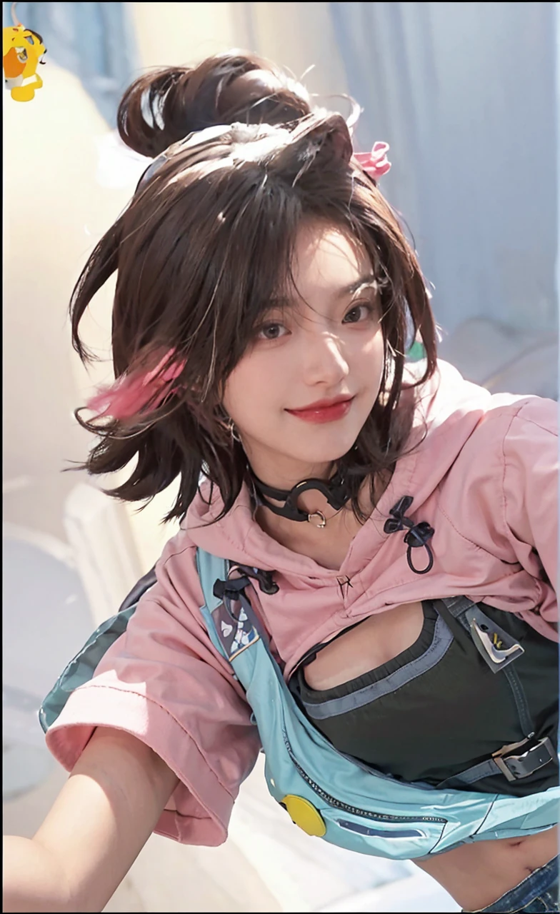 best qualtiy, Ultra-high resolution, (realisticlying:1.4),cute hairpin,Baoyu Girl,1girll, Beautiful woman with a slim figure:1.4, abs:1.1, (A brown-haired, mideum breasts:1.3), Long pink sweater:1.1, bathroom,Ultra-fine face,Elaborate Eyes,double eyelid,ssmile,choker necklace