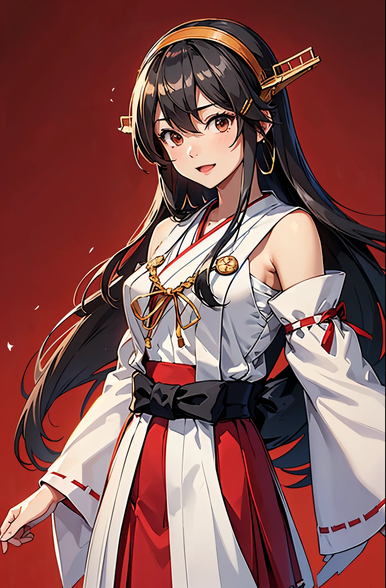 Highest quality, masterpiece, High resolution, 一人in, {Aaron_Kantai Collection:1.15}, black_hair, length_hair, hair_ornament, hairband, brown_eye, hairclip, red面, smile, headgear, chest, Non-traditional_Shrine maiden, hair_between_eye, One Girl, independent_sleeve, Japanese_Clothes, Looking_in_audience, red_skirt, ribbon-trimmed_sleeve, ribbon_trim, skirt, just_shoulder, Simple_background, white_background, Open_mouth, sarashi, wide_sleeve, ((オフィスbackground, リビングbackground))