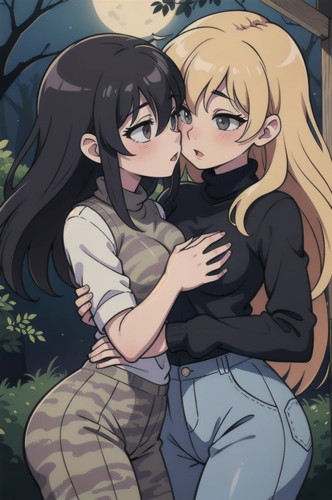 Devious Lesbian Girls in Black Sweaters, gray camouflage pants, hug and kiss, seductively, forest at night,