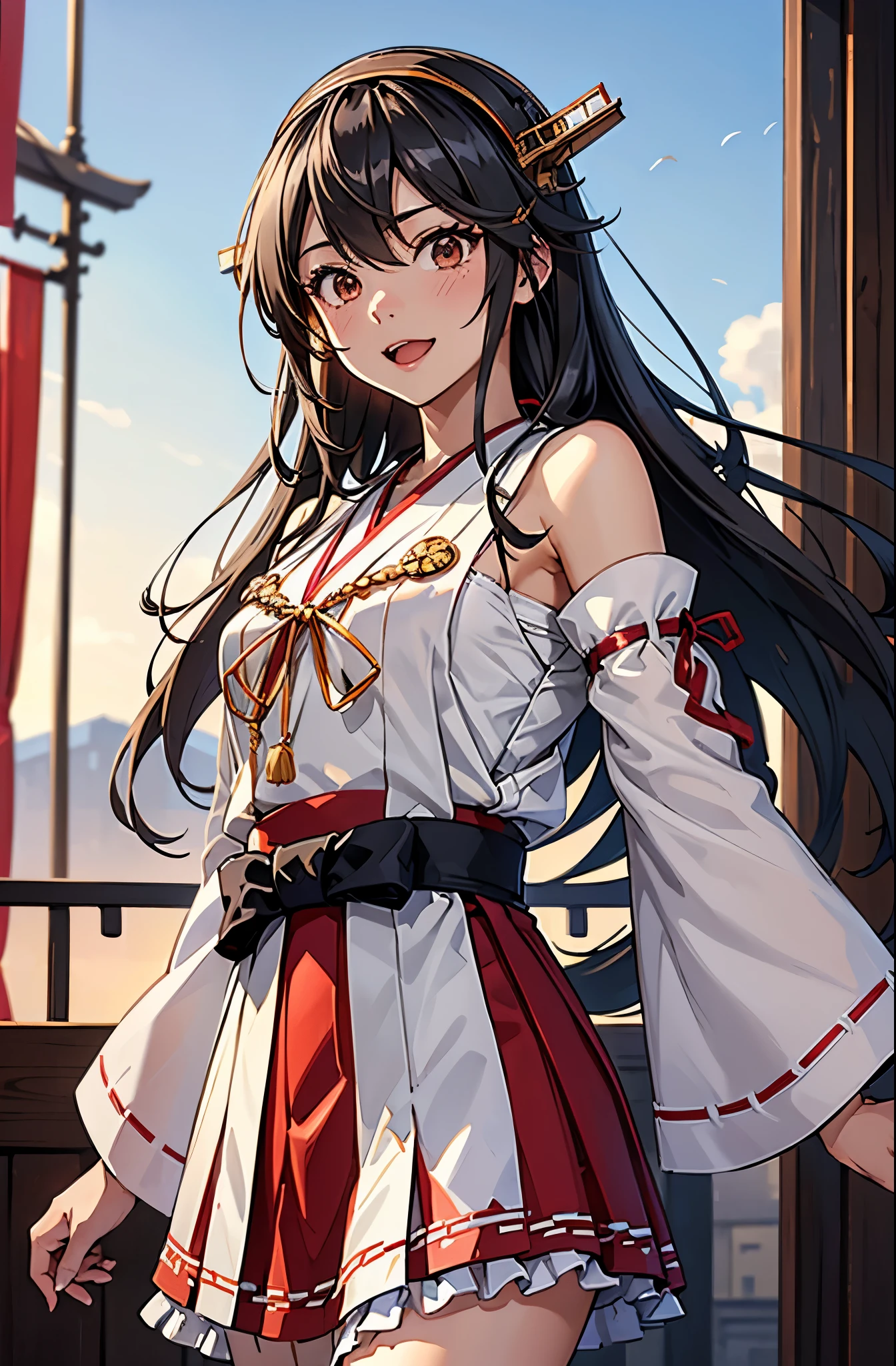 Highest quality, masterpiece, High resolution, 一人in, {Aaron_Kantai Collection:1.15}, black_hair, length_hair, hair_ornament, hairband, brown_eye, hairclip, red面, smile, headgear, chest, Non-traditional_Shrine maiden, hair_between_eye, One Girl, independent_sleeve, Japanese_Clothes, Looking_in_audience, red_skirt, ribbon-trimmed_sleeve, ribbon_trim, skirt, just_shoulder, Simple_background, white_background, Open_mouth, sarashi, wide_sleeve, ((オフィスbackground, リビングbackground))