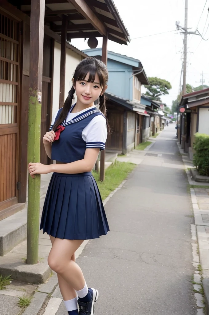 girls in old-Japanese town on school trips,white sailor shirt,navy blue pleated skirt,18-year-old,bangs,a little smile,thighs,knees,short hair with low pigtails bunches,from below,front light