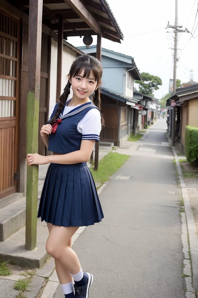 girls in old-Japanese town on school trips,white sailor shirt,navy blue pleated skirt,18-year-old,bangs,a little smile,thighs,knees,short hair with low pigtails bunches,from below,front light