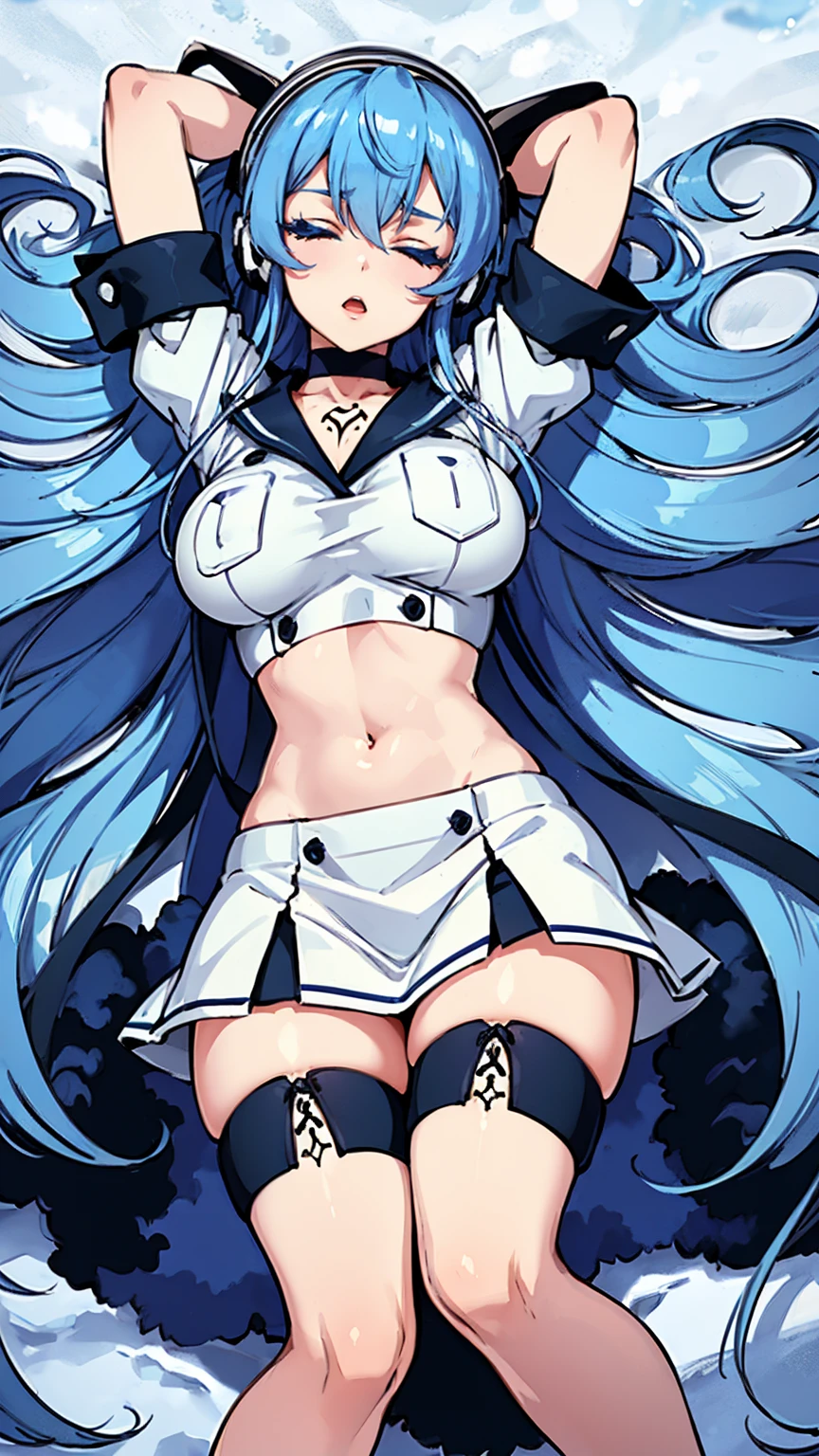 (artwork, best quality) a girl with long blue hair, closed eyes, blue eyelashes, white sailor suit, big breasts, perfect body, beautiful eyes, good waist, tattoo, screaming with joy, arms and legs open, listening to music with a headset, lying in the snow