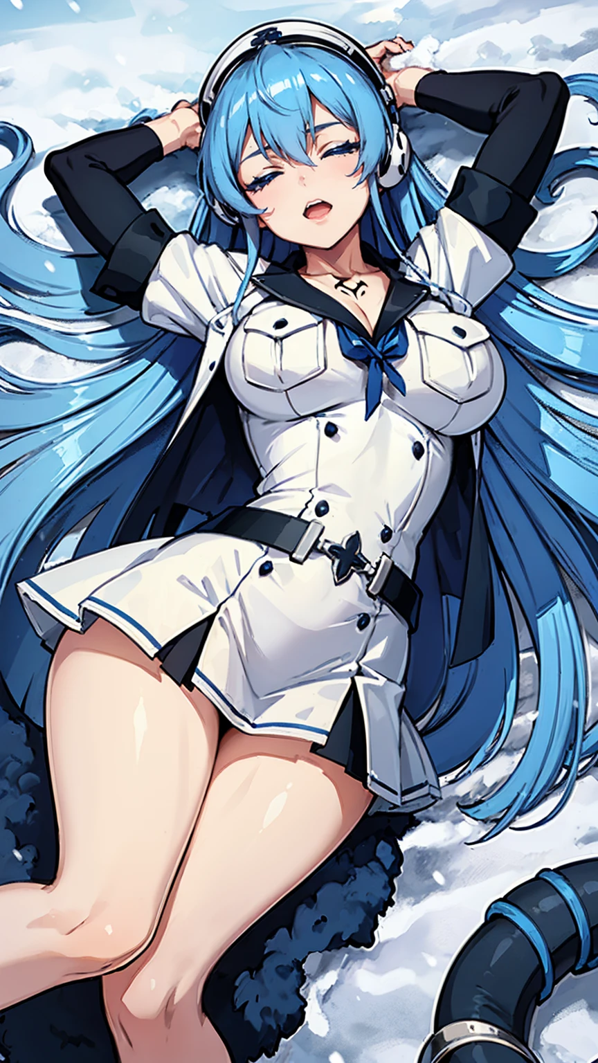 (artwork, best quality) a girl with long blue hair, closed eyes, blue eyelashes, white sailor suit, big breasts, perfect body, beautiful eyes, good waist, tattoo, screaming with joy, arms and legs open, listening to music with a headset, lying in the snow