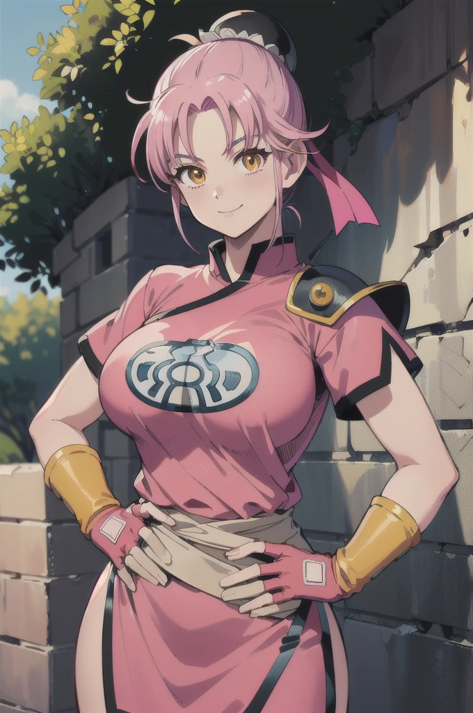((masterpiece, best quality:1.1), maam, dragon quest, 1girl, solo, big breasts, fingerless gloves, pink gloves, fingerless gloves, pink gloves, chinese clothes, red dress, ribbon, long pink hair, yellow eyes, Big Breasts:1.6, parted bang, bun cover, smile, hand on hip, coliseum