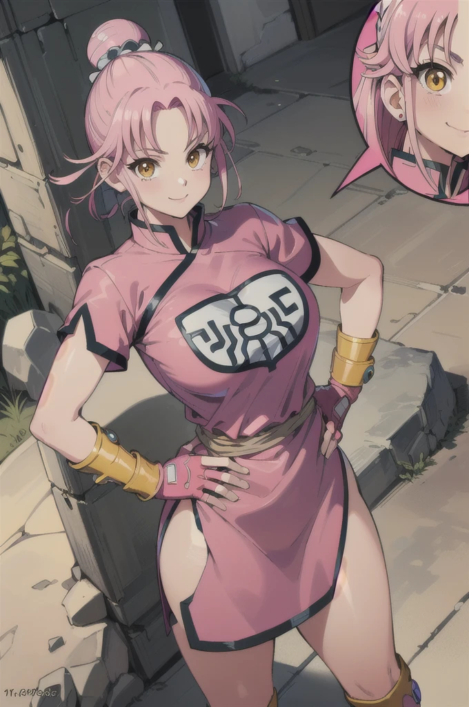((masterpiece, best quality:1.1), maam, dragon quest, 1girl,  solo, large breasts, fingerless gloves, pink gloves, fingerless gloves, pink gloves, chinese clothes, red dress, ribbon, pink hair, yellow eyes, Big Breasts:1.6, parted bang, bun cover, smile, hand on hip, coliseum 