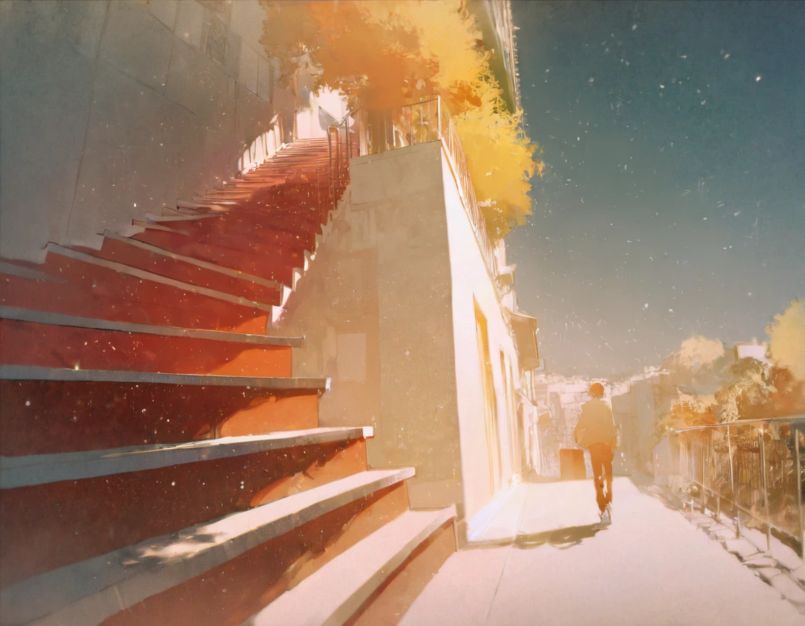score_9, score_8_up, score_7_up, score_6_up, best aesthetic, by rella, a person walking down a stairway, long shot, concept art, great use of color theory, red and yellow colors, particles flying, sunny, high contrast