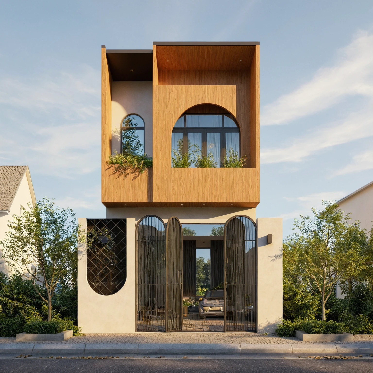 Photo brute,chef-d&#39;artwork, high quality, best quality, authentique, Great detail,
Outside, en plein air, style de maison moderne dans la rue, glass windows, grille, plafond en bois,
route,pavement, des arbres, ciel, nuage, (day light:1.1)