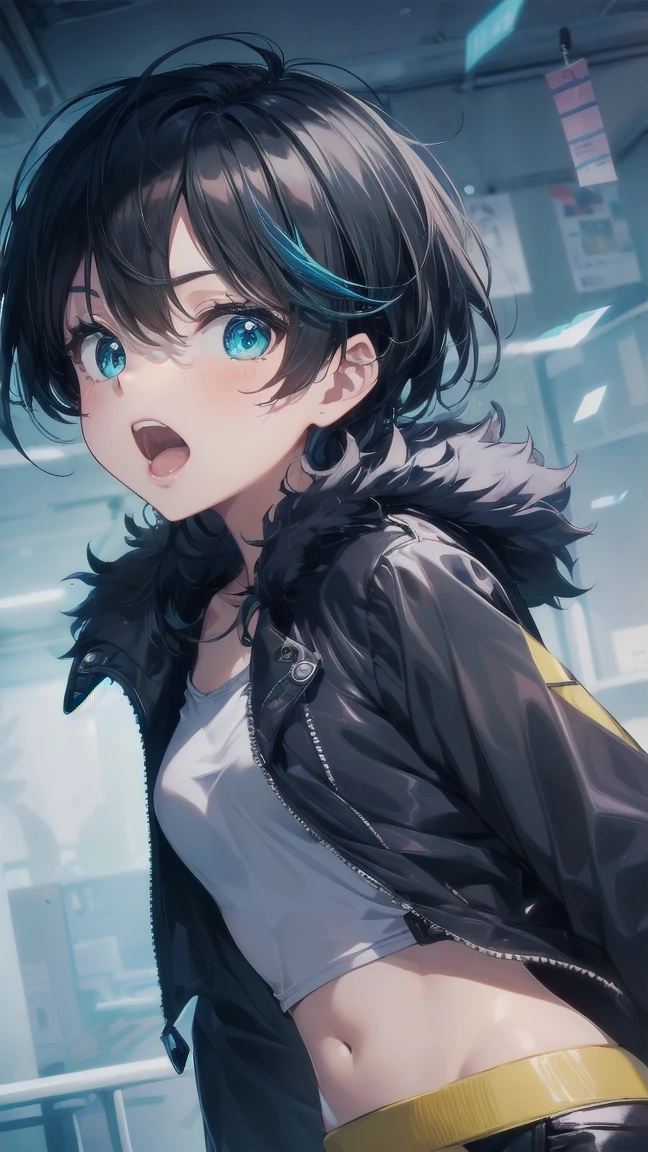 Close-up of a cartoon girl with blue hair and a yellow shirt, 2D Animation, 2D Animation style, 2D Art, 2D Art, 2D from Gorillaz, 2D from Gorillaz, 2D Gorillaz, Screaming Cerket, 2D Sprites, Jinx Face, short hair, Small breasts, hot pants, ((Black Hair, Bright blue fur inside:1.4))