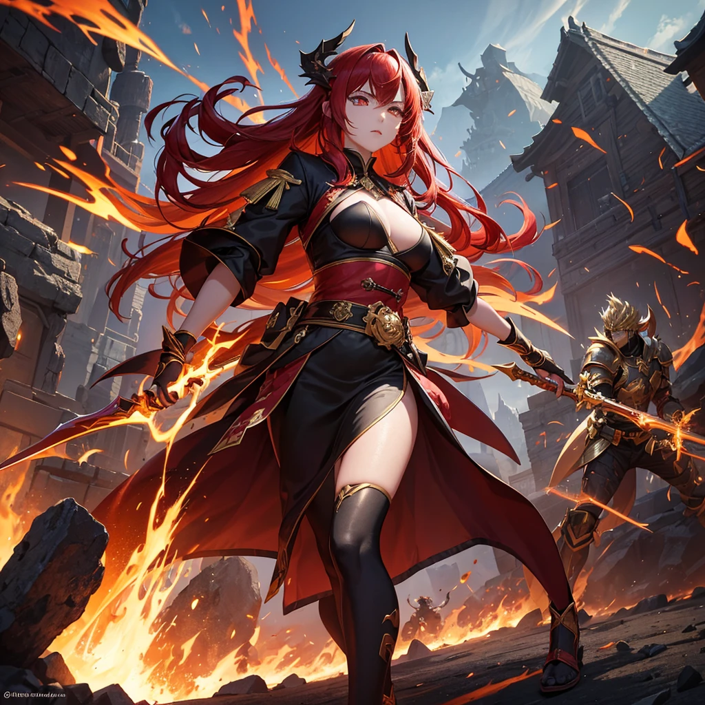 Shiota is a warrior with vibrant red hair.,flow like living fire around your head. She is in a firm and powerful posture, body slightly tilted forward, ready to deliver a deadly blow. His expression is determined and fierce, with an intense gaze that reveals the draconic strength she is channeling. Seus olhos brilham intensamente, with incandescent irises reflecting the fury of the flames that surround her.
A flaming aura surrounds Shiota's entire body, with dancing flames in shades of red, laranja e dourado. Flames seem to emerge from within her, as if becoming one with the power of the dragon. Shiota's hair flutters as if in the wind, with the tips emitting light sparks. Your skin displays temporary flame markings or scales that glow during the transformation., accentuating your connection with the draconic essence.
Shiota wears a red and black battle suit, with dragon wings and tail, intricate gold details reminiscent of dragon scales. A black and red sash is tied around her waist, holding an ornate scabbard embossed with the image of a golden dragon. She wields a katana with a shining blade, which emits a light aura of fire, ready to deliver devastating blows.
The setting is a devastated battlefield, with sparks and small flames in the air, creating an atmosphere of chaos and destruction. The ground around Shiota is burned or cracked due to the heat emanating from his flaming aura.. Other warriors can be seen in the background, some in shock and others trying to keep their distance, intimidated by Shiota's strength and overwhelming presence.
Shiota is at the height of the battle, facing multiple opponents or a powerful enemy. His fiery aura and imposing stance highlight his draconic transformation., making her a central figure on the battlefield. The intensity of her transformation suggests she is fighting with all her might.