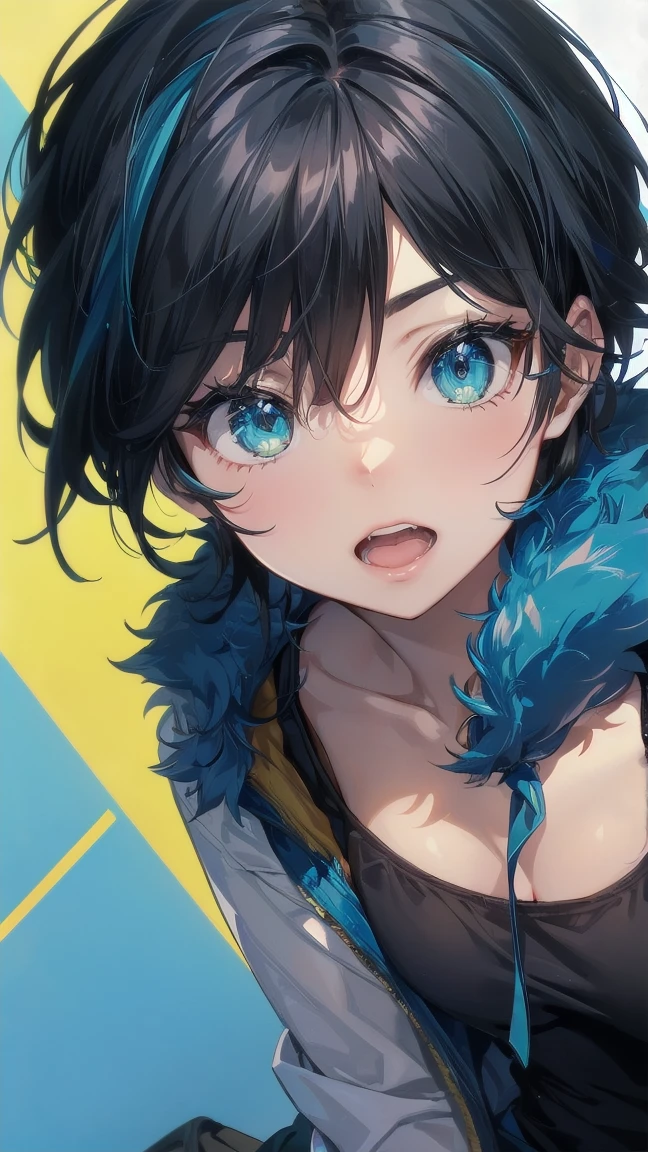 Close-up of a cartoon girl with blue hair and a yellow shirt, 2D Animation, 2D Animation style, 2D Art, 2D Art, 2D from Gorillaz, 2D from Gorillaz, 2D Gorillaz, Screaming Cerket, 2D Sprites, Jinx Face, short hair, Small breasts, hot pants, ((Black Hair, Bright blue fur inside:1.4))